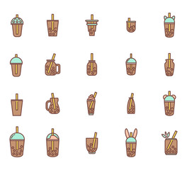 Vector set of boba tea icons. Signs, symbols of drinks in tea glasses with bubbles. Simple outline style. Funny icon of portable cups, elements for tea-houses, coffee houses, restaurant design