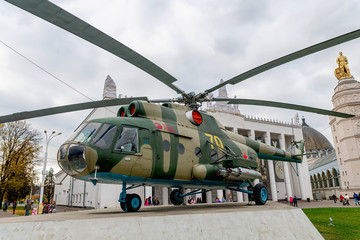 Fototapeta na wymiar Russia, Moscow, October 2019. Military helicopter at the exhibition VDNH.