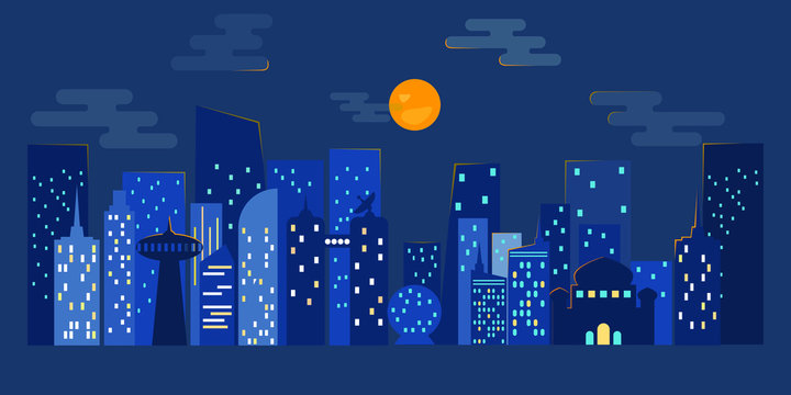 Cityscape at night time with moon light. Dark urban scape.  flat style, abstract background.