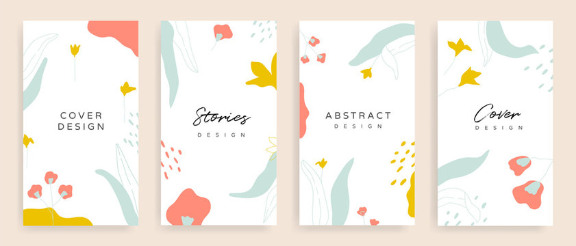 Social media stories and post cover design vector set. Background template with copy space for text and images design by abstract coloured shapes, line arts and floral. 