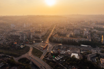 красивый закат над городом с высоты птичьего полета,  beautiful sunset over the city aerial view