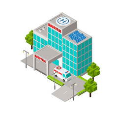 Hospital and ambulance that is ready to work at all times isometric vector design