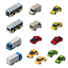 Transport isometric set with bus car isolated vector design