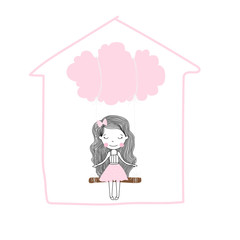 Cute little girl in pink with swinging on a cloud cartoon for stay at home vector design