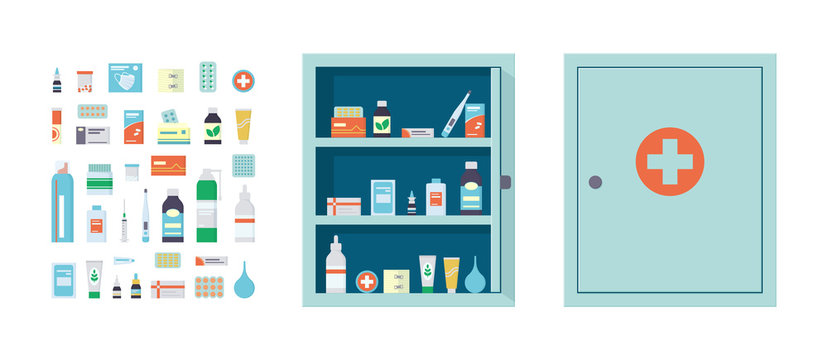 Medicine chest full of drugs, tablets and bottles. Medical cabinet with closed and open door. Medications for the first aid kit. Isolated vector illustration in flat style on white background