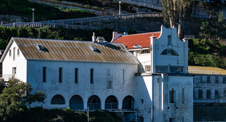 Alcatraz islands Military chapel with Guard house and Sally port and Eletric Repair shop from its side