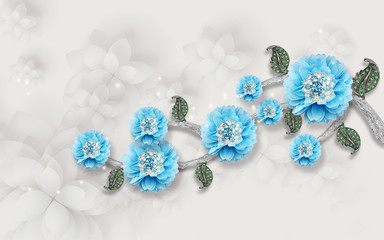 Fototapeta na wymiar 3d illustration, gray background, blue peonies with crystals and jewelry gray leaves