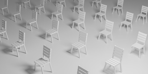 3d white chair in distance on gray background. Social distancing concept. Realistic 3d rendering design. Prevention Coronavirus disease (COVID-19) and healthcare. Minimal graphic art.