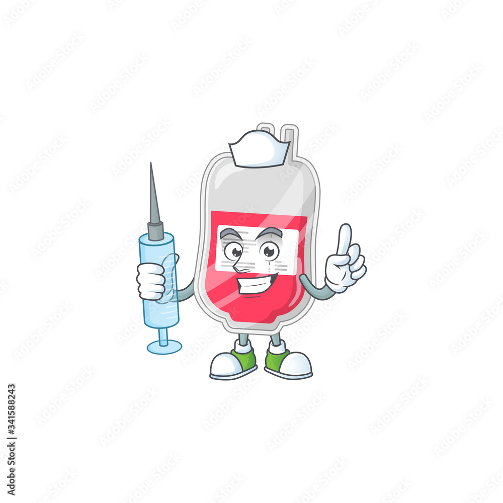 Sticker Friendly Nurse bag of blood mascot design style using syringe