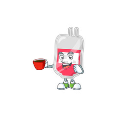 An image cartoon character of bag of blood with a cup of coffee