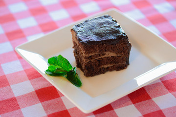 Chocolate brownie piece on white plate decorated with mint leaves served on a white plate over red plaid tablecloth.