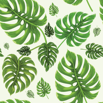 Tropical leaves seamless. Hand painted watercolor style pattern wallpaper. Flat and solid color design vector background.