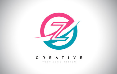 Z Letter Design logo icon with circle and swoosh design Vector and blue pink color.