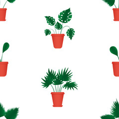 Potted home flowers. Seamless pattern. Isolated vector illustration on a white background.