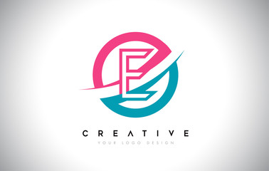 E Letter Design logo icon with circle and swoosh design Vector and blue pink color.