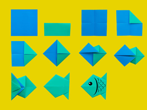Step by step instruction: How to make origami fish. DIY for children