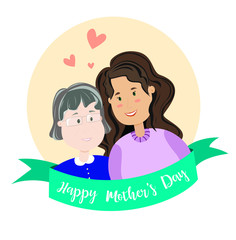 Illustration with two women. Grandmother with granddaughter. Young woman together with her old mother with love. Happy Mother's Day. Media concept