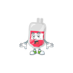 A cartoon design of bag of blood showing an amazed gesture