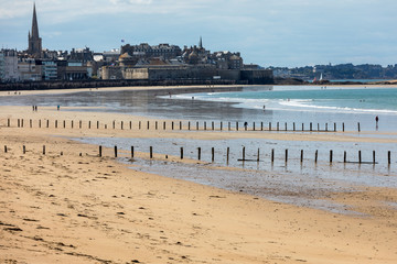View of beach and old town of Saint-Malo. Brittany, France