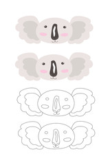 Set of outline cute doodle koala head and in color koala head - vector, isolated on white background. Perfect for baby shower, postcard, label, brochure, flyer, page, banner design, t-shirt, logo.