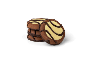Chocolate cookies with milk filling isolated on white background.