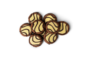 Chocolate cookies with milk filling isolated on white background.