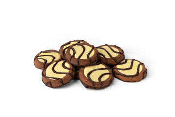 Chocolate cookies with milk filling isolated on white background.