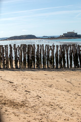 Big breakwater and beach in Saint Malo, 3000 trunks to defend the city from the tides,...