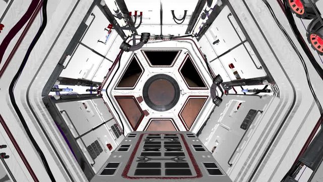 Fantastic SciFi corridor of a spaceship. From the window you can see planet Mars. Elements of this video furnished by NASA.