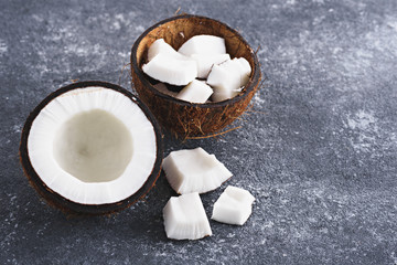 coconut, half coconut on grey background