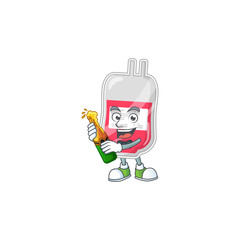 Mascot cartoon design of bag of blood making toast with a bottle of beer
