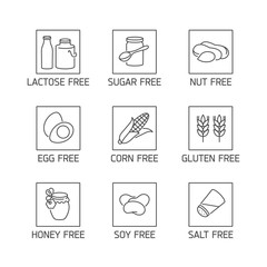 Vector set of logos, badges and icons for natural and organic products. Free from allergic products - gluten, gmo, lactose and egg free, soy, honey.