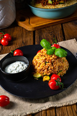 rustic bulgur fried with minced meat and vegetables