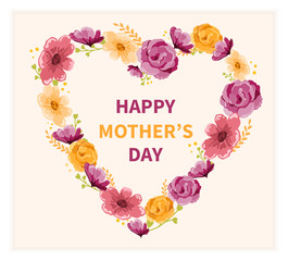 Happy Mothers Day card design with floral heart of pink and yellow summer flowers forming a frame around central text, vector illustration
