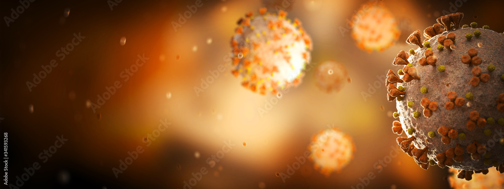 Poster microscopic close-up of the covid-19 disease. coronavirus illness spreading in body cell. 2019-ncov 