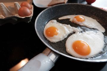 Close up view of the fried egg on a frying pan