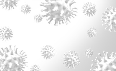 White virus bacteria cells 3D render background image trendy medical background. Flu, influenza, coronavirus model illustration. Covid-19 banner.