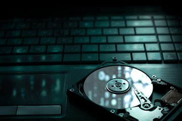 Hard Disc Drive view from the inside with reflections. HDD internal parts. PC hardware. Open HDD.