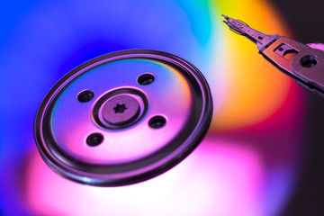 Hard Disc Drive view from the inside with reflections. HDD internal parts. PC hardware. Open HDD.