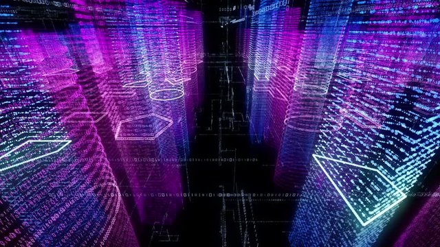 Abstract virtual city inside a computer system. Hologram 3D Big Data Digital City. Digital buildings with a binary code particles network. Technological and connection motion background. Looped