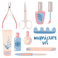 Various manicure accessories, equipment, tools. nail polish, hand cream, polish remover, brush, scissors. Hand drawn colored vector set. All elements are isolated