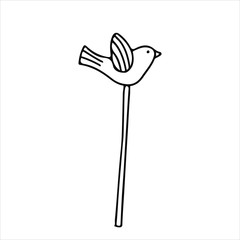 Decorative figure of a flying bird on a stick in doodle style. Hand drawn vector illustration in black ink isolated on white background.