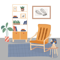 Illustration of minimalistic scandinavian interior with furniture plants, pictures. Flat vector illustration. Separate object isolated on white background.