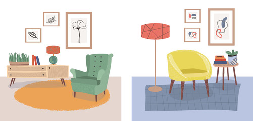 collection of Illustrations with minimalistic scandinavian interior with furniture plants, pictures. Flat vector illustration. Separate object isolated on white background.