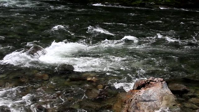Left to right pan downstream of a wild and scenic river in Southern Oregon with prominent granite rock in the foreground of this very clearn rocky bottomed river.