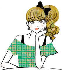 黒いリボンをつけたポニーテイルの女性