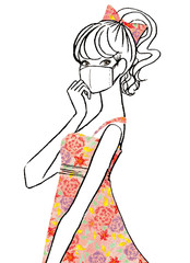 夏場にマスクをつけたポニーテイルの可愛い女性