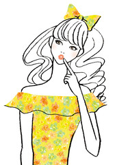 リボンをつけたは花柄の服を着て何か考えている女性