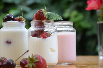 Healthy breakfast home made pudding or yogurt or granola, strawberries, cherry, honeysuckle berry,...