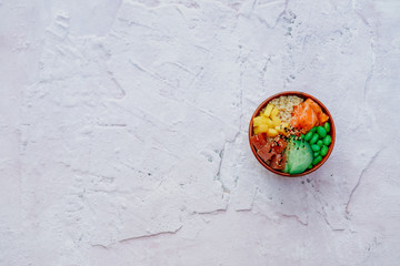 Take Away Healthy Buddha Bowl with Shrimp, Edamame Beans, Cucumber and Basmati Rice / Poke Bowl